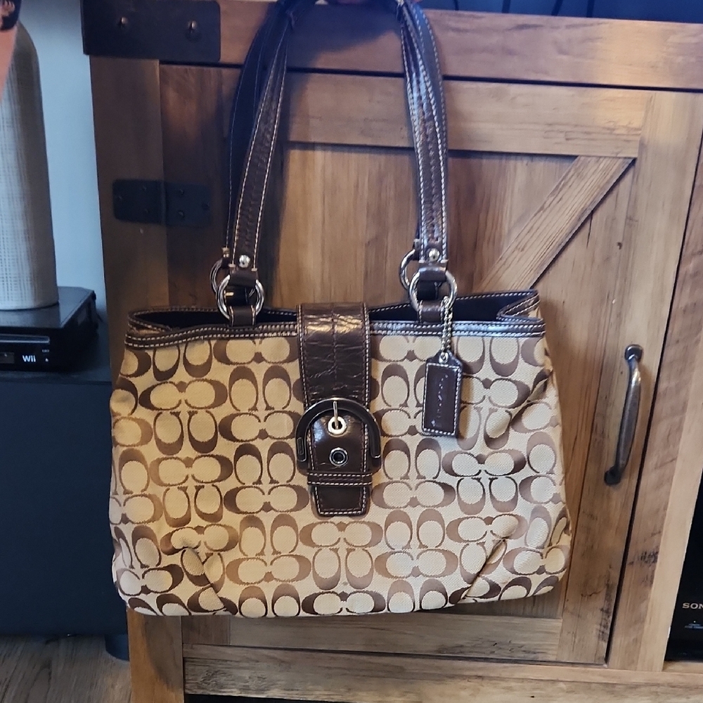 Coach Tan and Brown Signature  East West Soho  Buckle Shoulder Bag